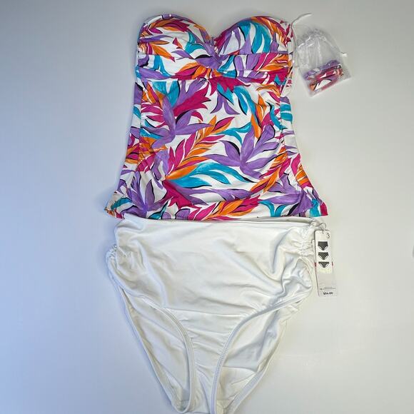 Anne Cole 3 Piece Set Swimsuit Floral Bikini Top White Bottom Women's XS NWT - Picture 2 of 9